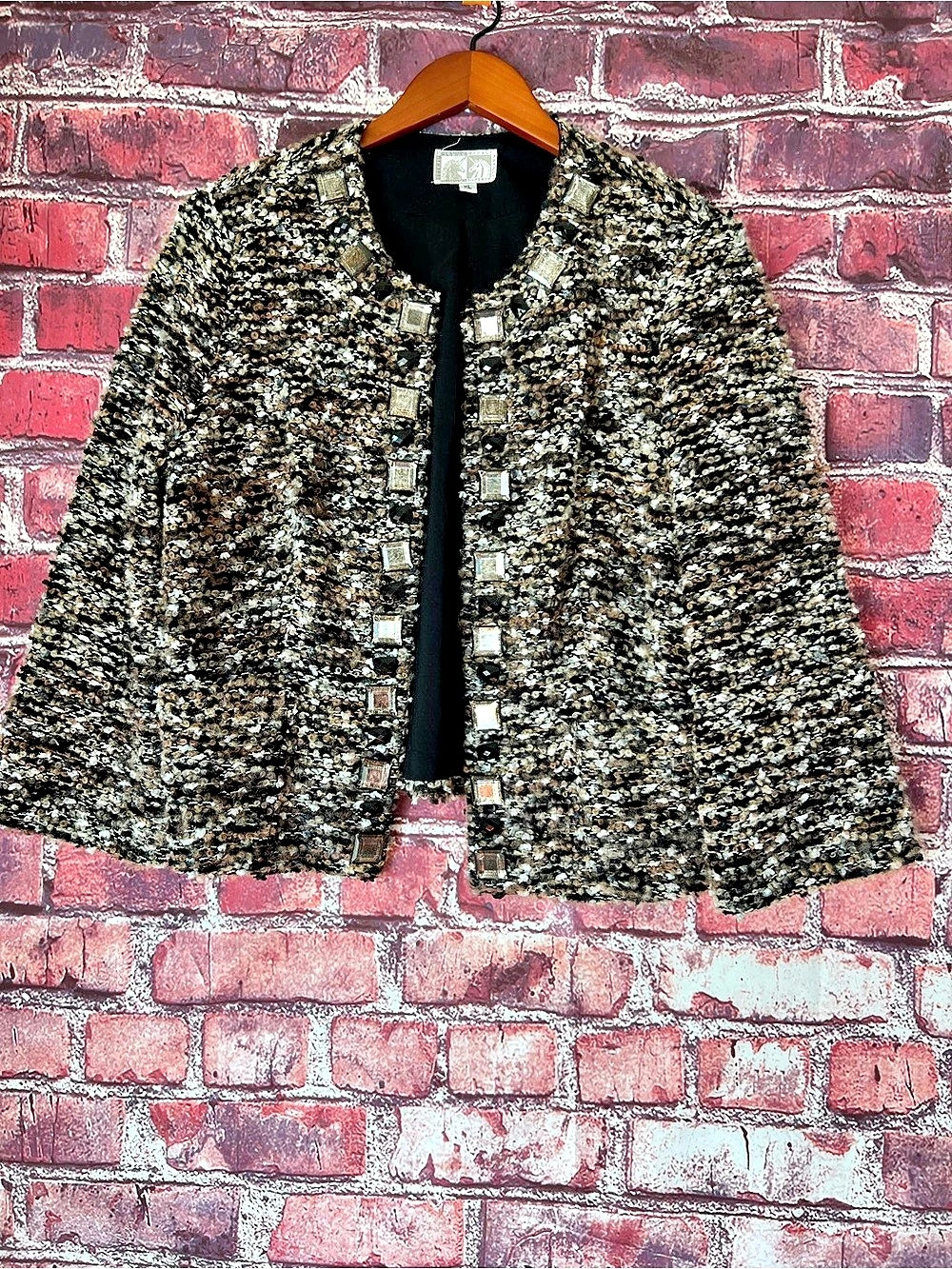 Alberto Makali Tweed Cropped Open Front Jeweled Rhinestone Jacket XL